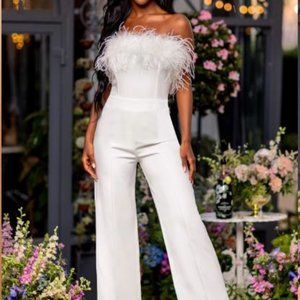 WHITE BANDEAU FEATHER WIDE LEG JUMPSUIT wedding bachelorette bride bridal shower